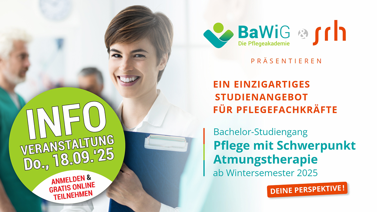 Flyergrafik zur Infoveranstaltung BaWiG und SRH University präsentieren ein einzigartiges Studium Pflege mit Schwerpunkt Atmungstherapie