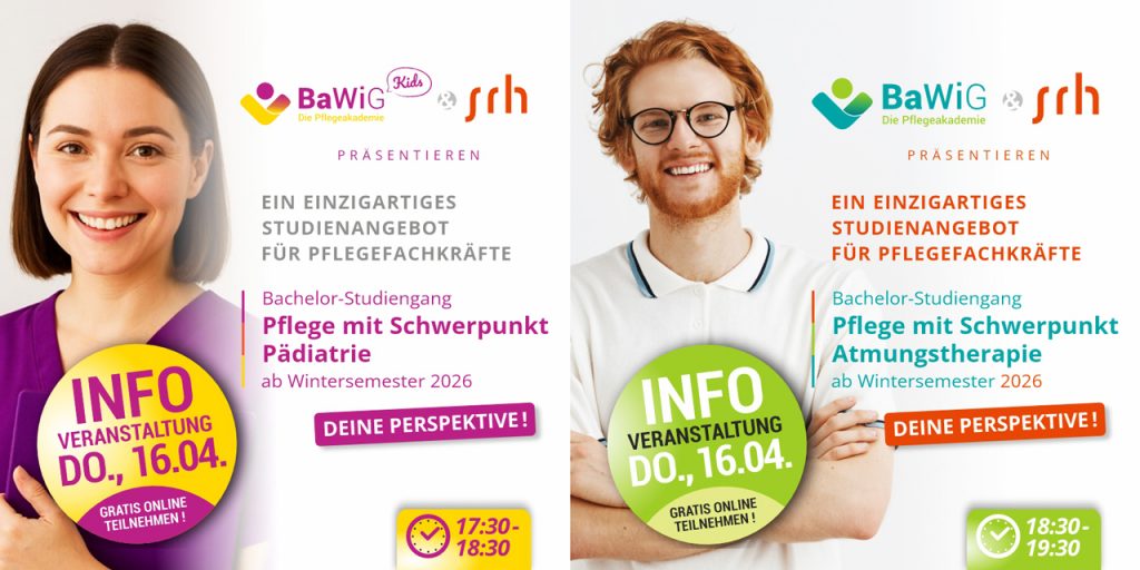 ZWEI NEUE PERSPEKTIVEN FÜR DICH ALS PFLEGEFACHKRAFT: Zwei starke berufsbegleitende Bachelor-Studiengänge – ein spannender Online-Infoabend! 1. TERMIN: DO.,16.04.'26 ab 17:30 Uhr.