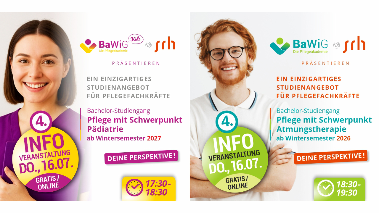Berufsbegleitend mit der BaWiG studieren Neue Perspektiven für Deine Karriere als Pflegefachkraft: Zwei spezialisierende Bachelor-Studiengänge in Kooperation mit der SRH University.